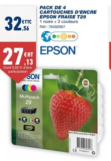 Cartouche Imprimante dans le catalogue Bureau Vallée PACK DE 4 CARTOUCHES D’ENCRE EPSON FRAISE T29 à 32,56 € en promo chez Bureau Vallée