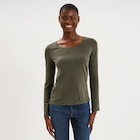 T-shirt coton col rond manches longues vert kaki femme dans le catalogue La Halle