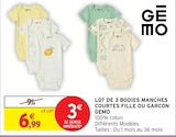 Lot de 3 bodies manches courtes fille ou garçon - GEMO en promo chez Intermarché Super Lot de 3 bodies manches courtes fille ou garçon - GEMO dans le catalogue Intermarché Super