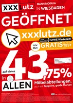 XXXLutz Möbelhäuser Prospekt für Rüsselsheim mit 1 Seiten XXXLutz Möbelhäuser Prospekt für Rüsselsheim: "XXXLutz Mann Mobilia in Wiesbaden geöffnet!", 1 Seiten, 12.05.2021 - 15.05.2021