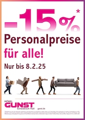 Aktueller GUNST Möbel & Einrichtung Prospekt in Scherbenmühle und Umgebung, "Personalpreise für alle!" mit 1 Seite, 31.01.2025 - 08.02.2025