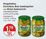 Cornichons, Knax Gewürzgurken oder Sticksi Gurkenviertel von Hengstenberg im aktuellen V-Markt Prospekt für 1,79 €