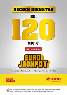 Aktueller Lotto Baden-Württemberg Prospekt "Diesen Dienstag rund 120 Mio. im Jackpot" Seite 1 von 1 Seite für Heidenheim