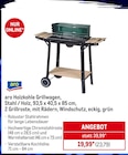 Holzkohle Grillwagen, Stahl / Holz, 93,5 x 40,5 x 85 cm, 2 Grillroste, mit Rädern, Windschutz, eckig, grün Angebote von aro bei METRO Dresden für 23,79 €