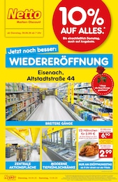 Netto Marken-Discount Prospekt für Eisenach mit 4 Seiten Netto Marken-Discount Prospekt für Eisenach: "Wiedereröffnung - 10% auf ALLES", 4 Seiten, 09.06.2026 - 13.06.2026