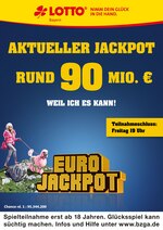LOTTO Bayern Prospekt "Aktueller Jackpot rund 90 Mio. €", 2 Seiten, für Hanau, 14.11.2019 - 15.11.2019 LOTTO Bayern Prospekt "Aktueller Jackpot rund 90 Mio. €", 2 Seiten, für Hanau, 14.11.2019 - 15.11.2019