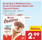 Bueno Waffelhörnchen, Schokoladen Stieleis oder Yogurette Stieleis im Angebot bei Netto Marken-Discount in Stuttgart Bueno Waffelhörnchen, Schokoladen Stieleis oder Yogurette Stieleis Angebote von Kinder bei Netto Marken-Discount Stuttgart für 2,99 €
