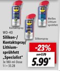 Silikon-/Kontaktspray/Lithiumsprühfett „Specialist" von WD-40 für 5,99 € bei Lidl im Angebot Silikon-/Kontaktspray/Lithiumsprühfett „Specialist" von WD-40 im aktuellen Lidl Prospekt