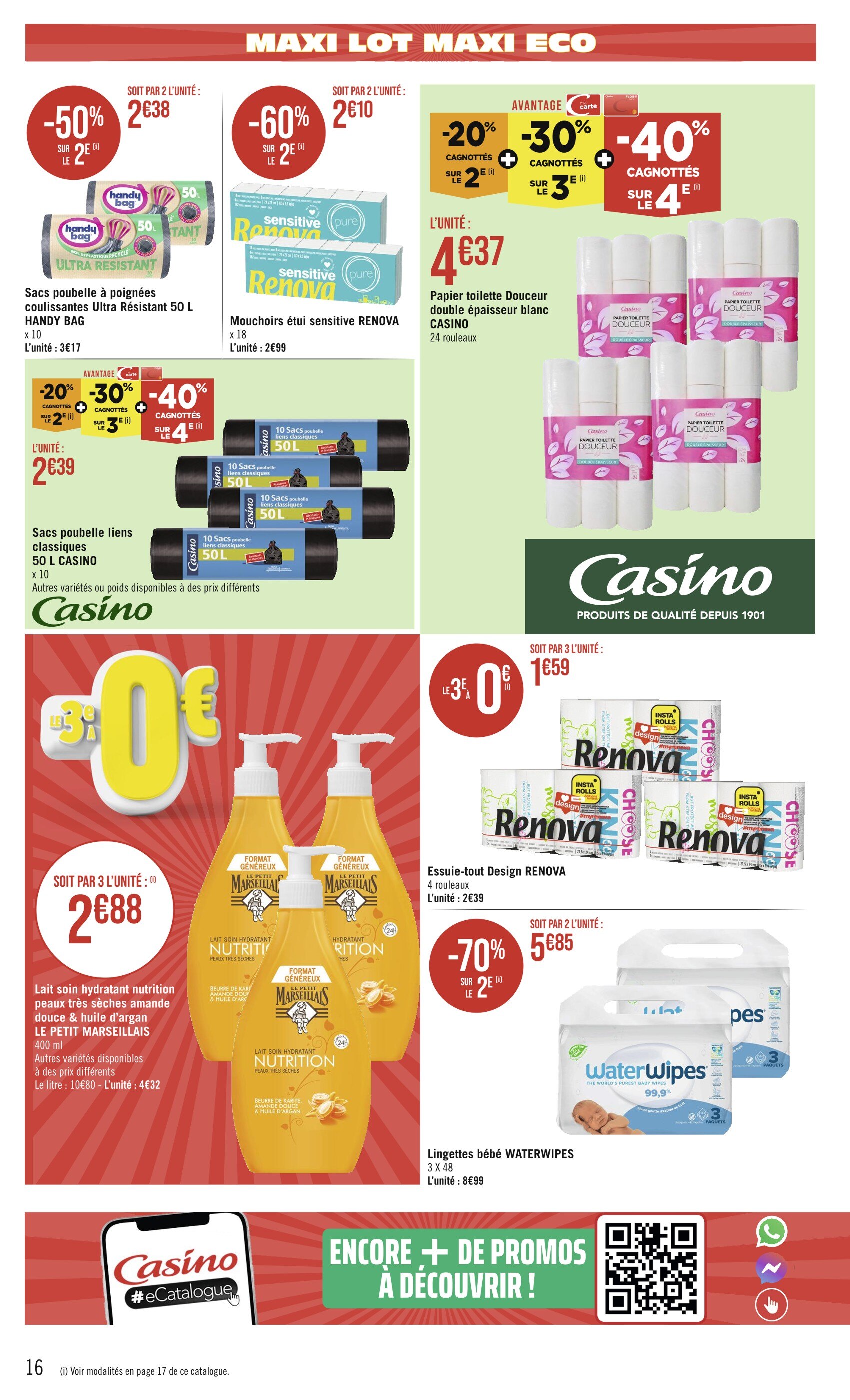 Promo Sacs poubelle haute 50L + 30% offert (1 rouleau de 10 + 3 sacs) chez  Carrefour