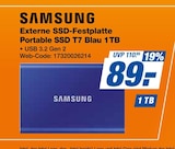 Externe SSD-Festplatte Portable SSD T7 Blau 1TB im Angebot bei expert in Falkensee Externe SSD-Festplatte Portable SSD T7 Blau 1TB Angebote von SAMSUNG bei expert Falkensee für 89,00 €