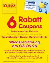 Netto Marken-Discount Prospekt für Wusterhausen mit 2 Seiten Netto Marken-Discount Prospekt für Wusterhausen: "6 Rabatt-Coupons", 2 Seiten, 17.08.2026 - 22.08.2026