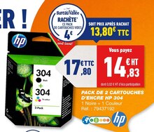 PACK DE 2 CARTOUCHES D’ENCRE HP 304 - Bureau Vallée à Grasse PACK DE 2 CARTOUCHES D’ENCRE HP 304 en promo chez Bureau Vallée Grasse à 17,80 €
