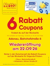 Netto Marken-Discount Discounter Prospekt der aktuellen Woche mit 2 Seiten, gültig von 14.09.2026 bis 19.09.2026, in Adenau und Umgebung Aktueller Netto Marken-Discount Discounter Prospekt in Adenau und Umgebung, "6 Rabatt-Coupons" mit 2 Seiten, 14.09.2026 - 19.09.2026