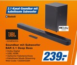 Soundbar mit Subwoofer BAR 2.1 Deep Bass im Angebot bei expert in Celle Soundbar mit Subwoofer BAR 2.1 Deep Bass Angebote von JBL bei expert Celle für 239,00 €