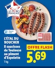 8 saucisses de Toulouse au piment d'Espelette en promo à 5,69 € chez Lidl 8 saucisses de Toulouse au piment d'Espelette dans le catalogue Lidl
