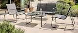 Salon de jardin essentiel 4 places acier et plateau verre trempé table basse incluse. à 99,00 € dans le catalogue Maxi Bazar