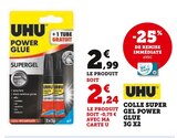 Colle Super Gel Power Glue 3G X2 - UHU en promo à 2,24 € chez Hyper U Colle Super Gel Power Glue 3G X2 - UHU dans le catalogue Hyper U