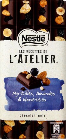 Tablette de chocolat noir, myrtilles, amandes et noisettes “Les Recettes de l’Atelier” - Monoprix à Boulogne-Billancourt Tablette de chocolat noir, myrtilles, amandes et noisettes “Les Recettes de l’Atelier” en promo chez Monoprix Boulogne-Billancourt à 2,59 €