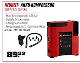 NEUHEIT: AKKU-KOMPRESSOR SUPPERO 18/380 im Angebot bei OBI in Aschaffenburg NEUHEIT: AKKU-KOMPRESSOR SUPPERO 18/380 Angebote bei OBI Aschaffenburg für 89,99 €