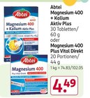 Magnesium 400 + Kalium Aktiv Plus oder Magnesium 400 Plus Vital Direkt Angebote von Abtei bei Rossmann Leverkusen für 4,49 €