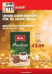 Aktueller Travel FREE Prospekt mit Kaffee, "UNSER DANKESCHÖN FÜR 20 JAHRE TREUE!", Seite 1