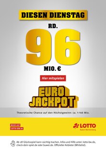 Aktueller Lotto Baden-Württemberg Prospekt "Diesen Dienstag rund 96 Mio. im Jackpot" Seite 1 von 1 Seiten