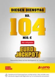 Lotto Baden-Württemberg Prospekt "Diesen Dienstag rund 104 Mio. im Jackpot" für Mannheim, 1 Seite, 30.01.2023 - 31.01.2023