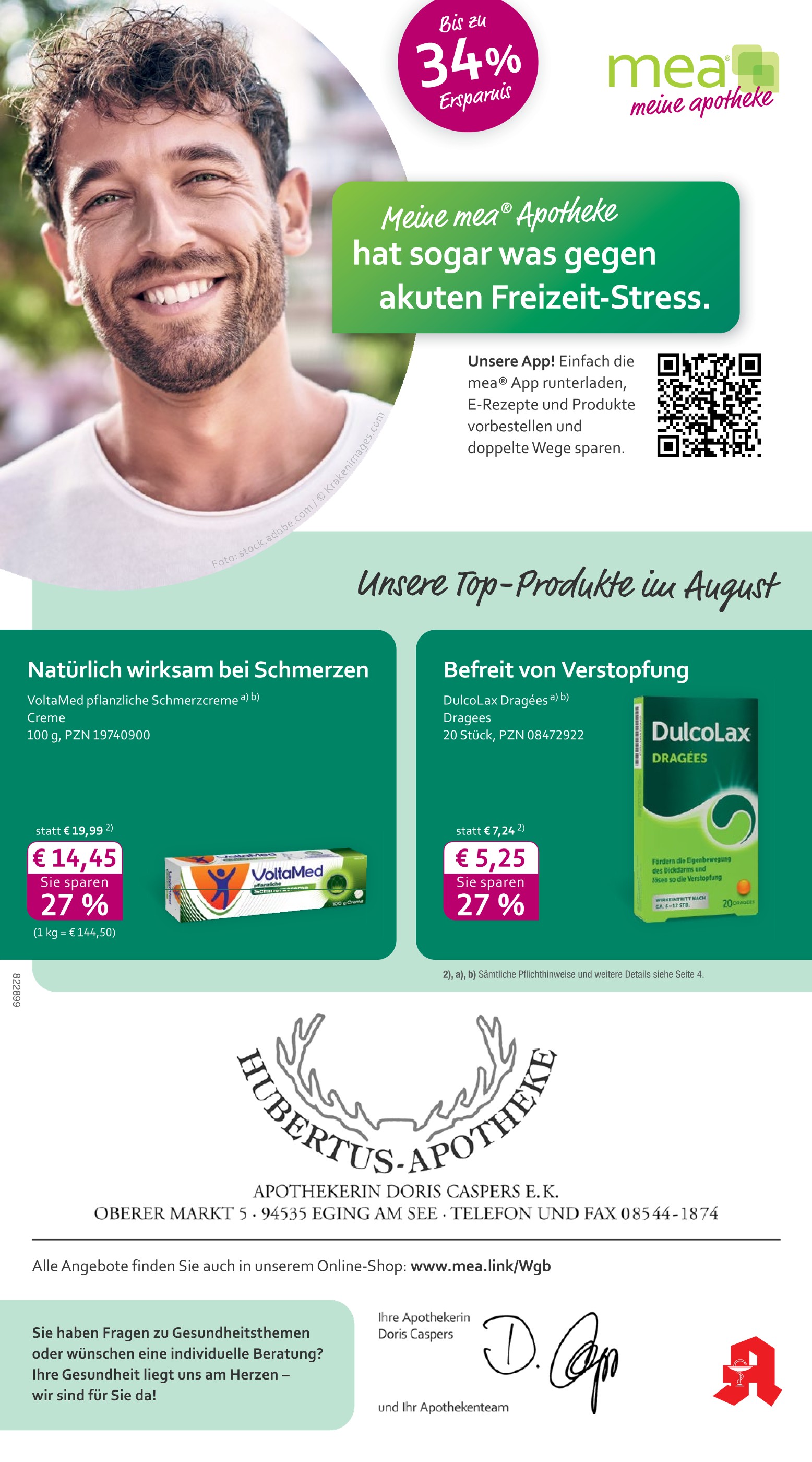 mea - meine apotheke Apotheken Prospekt der aktuellen Woche mit 4 Seiten, gültig von 01.08.2026 bis 31.08.2026, in Tittling und Umgebung Aktueller mea - meine apotheke Apotheken Prospekt in Tittling und Umgebung, "Unsere August-Angebote" mit 4 Seiten, 01.08.2026 - 31.08.2026