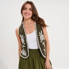 Gilet sans manches brodé gaze de coton vert kaki femme à La Halle dans Francheville