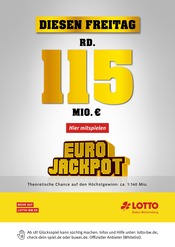 Aktueller Lotto Baden-Württemberg Prospekt mit Gesellschaftsspiele, "Diesen Freitag rund 115 Mio. im Jackpot", Seite 1