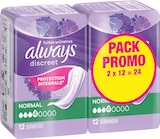 Serviettes hygiéniques incontinence normal 2x12 - ALWAYS DISCREET en promo chez Intermarché Super Serviettes hygiéniques incontinence normal 2x12 - ALWAYS DISCREET dans le catalogue Intermarché Super