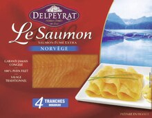 Saumon - Delpeyrat dans le catalogue Géant Casino Le saumon fumé origine norvège - Delpeyrat à 4,69 € en promo chez Géant Casino