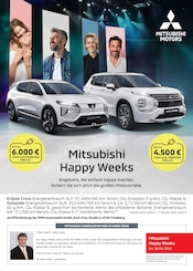Mitsubishi Werkstatt & Auto Prospekt der aktuellen Woche mit 1 Seite, gültig von 16.03.2026 bis 12.04.2026, in Maxhütte-Haidhof und Umgebung Aktueller Mitsubishi Werkstatt & Auto Prospekt in Maxhütte-Haidhof und Umgebung, "Mitsubishi Happy Weeks" mit 1 Seite, 16.03.2026 - 12.04.2026