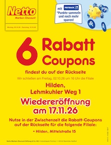 Netto Marken-Discount Hilden Prospekt der aktuellen Woche, gültig von 05.10.2026 bis 10.10.2026 Aktueller Netto Marken-Discount Hilden Prospekt "6 Rabatt-Coupons" mit 2 Seiten