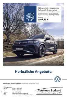 Volkswagen Prospekt der Woche "Herbstliche Angebote." Seite 1, 01.09.2025 bis 30.11.2025 für Leipzig Aktueller Volkswagen Prospekt "Herbstliche Angebote." Seite 1 von 1 Seite für Leipzig