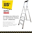 Tout Faire Saint-Michel-l'Écluse-et-Léparon - Promo Escabeau alu pro alto 40 - hauteur de travail 3,02 m - 5 marches Promo Escabeau alu pro alto 40 - hauteur de travail 3,02 m - 5 marches à 115,00 € dans le catalogue Tout Faire à Saint-Michel-l'Écluse-et-Léparon