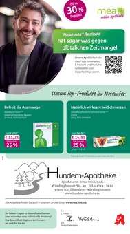 mea - meine apotheke Prospekt der Woche "Unsere November-Angebote" Seite 1, 01.11.2025 bis 30.11.2025 für Kirchhundem Aktueller mea - meine apotheke Prospekt "Unsere November-Angebote" Seite 1 von 4 Seiten für Kirchhundem