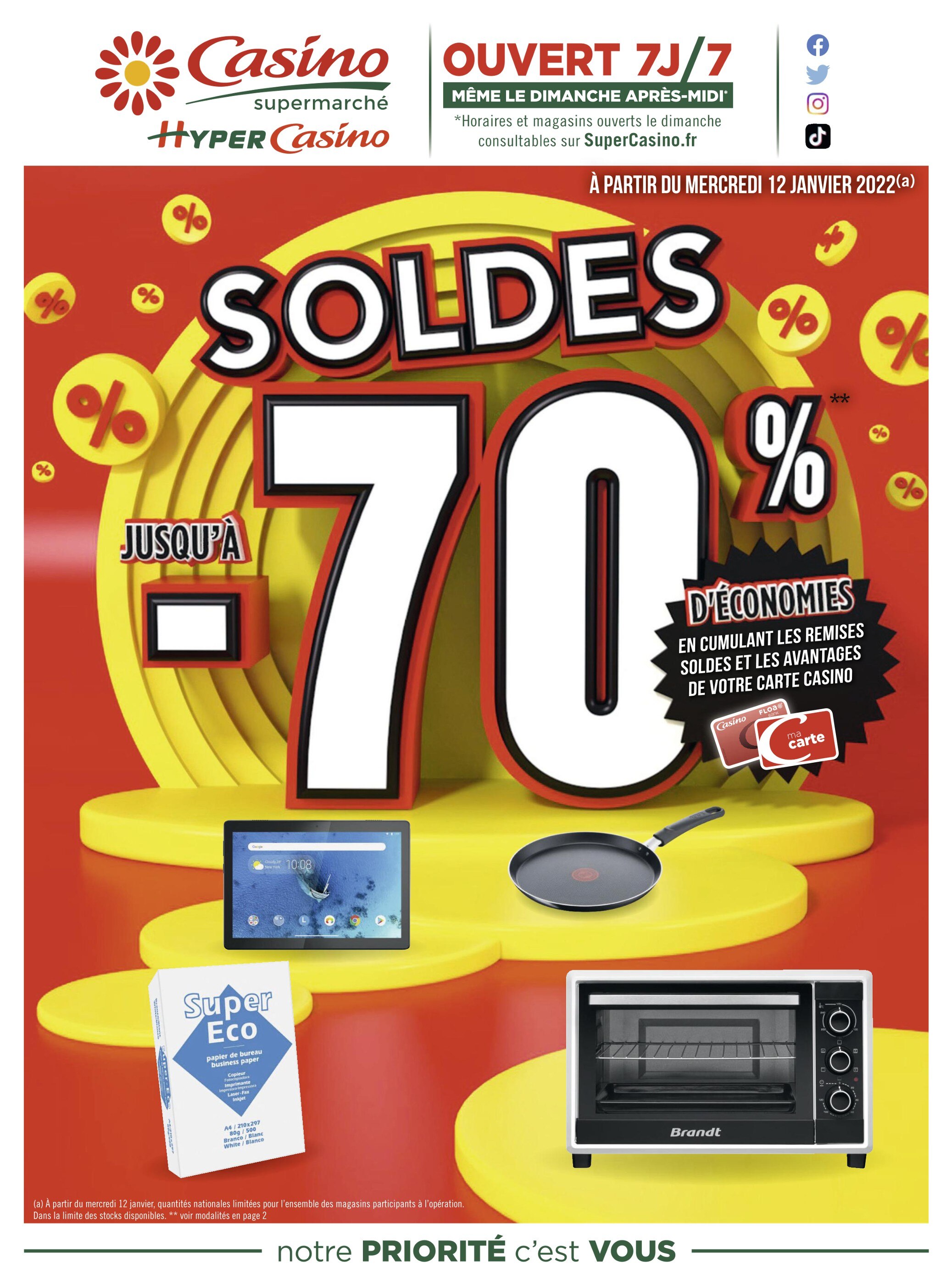Catalogue Casino Supermarchés à Paris, avec 8 pages Prospectus Casino Supermarchés à Paris, "Soldes : Jusqu'à -70% d'économies", 8 pages, 12/01/2022 - 31/01/2022