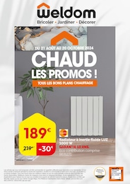 Prospectus Weldom à Poissy, "CHAUD LES PROMOS ! TOUS LES BONS PLANS CHAUFFAGE", 1 page, 21/08/2024 - 20/10/2024