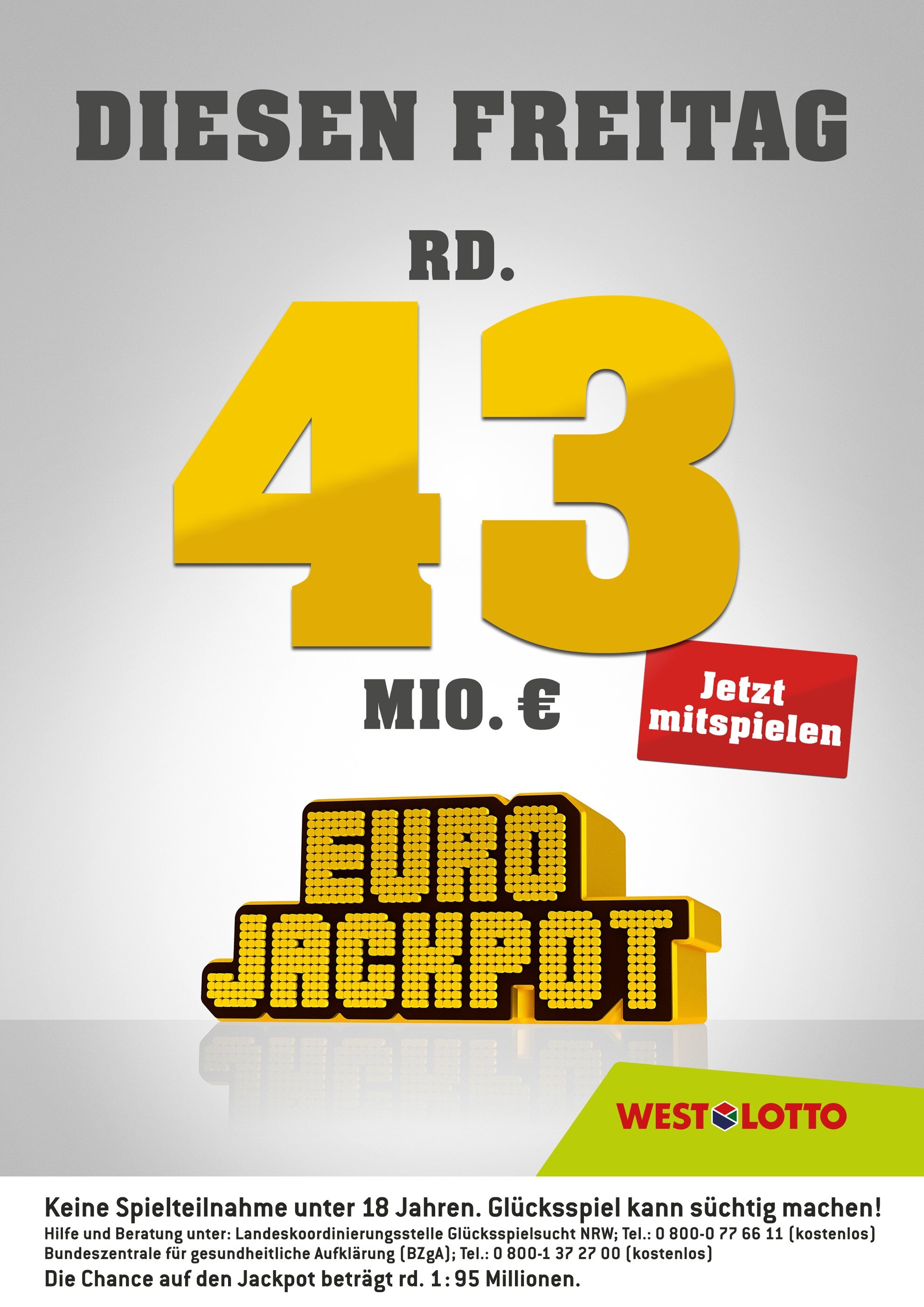 Westlotto Prospekt für Köln mit 3 Seiten Westlotto Prospekt für Köln: "Diesen Freitag rd. 43 Mio. €", 3 Seiten, 30.11.2021 - 03.12.2021
