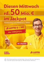 Lotto Baden-Württemberg Weitere Geschäfte Prospekt der aktuellen Woche mit 1 Seite, gültig von 26.05.2026 bis 27.05.2026, in Dettingen und Umgebung Aktueller Lotto Baden-Württemberg Weitere Geschäfte Prospekt in Dettingen und Umgebung, "Diesen Mittwoch rd. 50 Mio. € im Jackpot" mit 1 Seite, 26.05.2026 - 27.05.2026