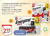 Knopfzellen CR-2032 4 + 2 im Angebot bei GLOBUS in Saarbrücken Knopfzellen CR-2032 4 + 2 Angebote von Energizer bei GLOBUS Saarbrücken für 2,99 €