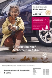 Volkswagen Werkstatt & Auto Prospekt der aktuellen Woche mit 1 Seite, gültig von 01.09.2026 bis 31.12.2026, in Lahntal und Umgebung Aktueller Volkswagen Werkstatt & Auto Prospekt in Lahntal und Umgebung, "Herbst im Kopf. Sicherheit im Auto." mit 1 Seite, 01.09.2026 - 31.12.2026