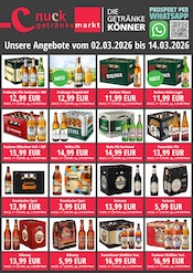 Nuck Getränke Getränkemärkte Prospekt der aktuellen Woche mit 2 Seiten, gültig von 02.03.2026 bis 14.03.2026, in Schmölln-Putzkau und Umgebung Aktueller Nuck Getränke Getränkemärkte Prospekt in Schmölln-Putzkau und Umgebung, "DIE GETRÄNKEKÖNNER" mit 2 Seiten, 02.03.2026 - 14.03.2026