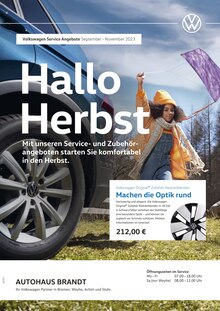 Volkswagen Prospekt der Woche "Herbst in Sicht" Seite 1, 01.10.2023 bis 30.11.2023 für Bassum Aktueller Volkswagen Prospekt "Herbst in Sicht" Seite 1 von 1 Seite für Bassum