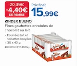 Fines gaufrettes enrobées de chocolat au lait. - KINDER BUENO en promo chez Costco Versailles à 15,99 €