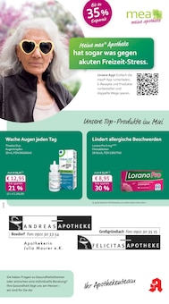 mea - meine apotheke Prospekt der Woche "Unsere Mai-Angebote" Seite 1, 01.05.2026 bis 31.05.2026 für Nürnberg Aktueller mea - meine apotheke Prospekt "Unsere Mai-Angebote" Seite 1 von 4 Seiten für Nürnberg