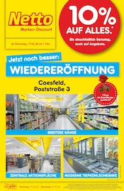 Netto Marken-Discount Discounter Prospekt der aktuellen Woche mit 4 Seiten, gültig von 17.02.2026 bis 21.02.2026, in Coesfeld und Umgebung Aktueller Netto Marken-Discount Discounter Prospekt in Coesfeld und Umgebung, "Wiedereröffnung - 10% auf ALLES" mit 4 Seiten, 17.02.2026 - 21.02.2026