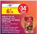 Tablettes de chocolat lait noisettes entières - Côte d'Or en promo chez Intermarché Le Blanc-Mesnil à 6,70 €