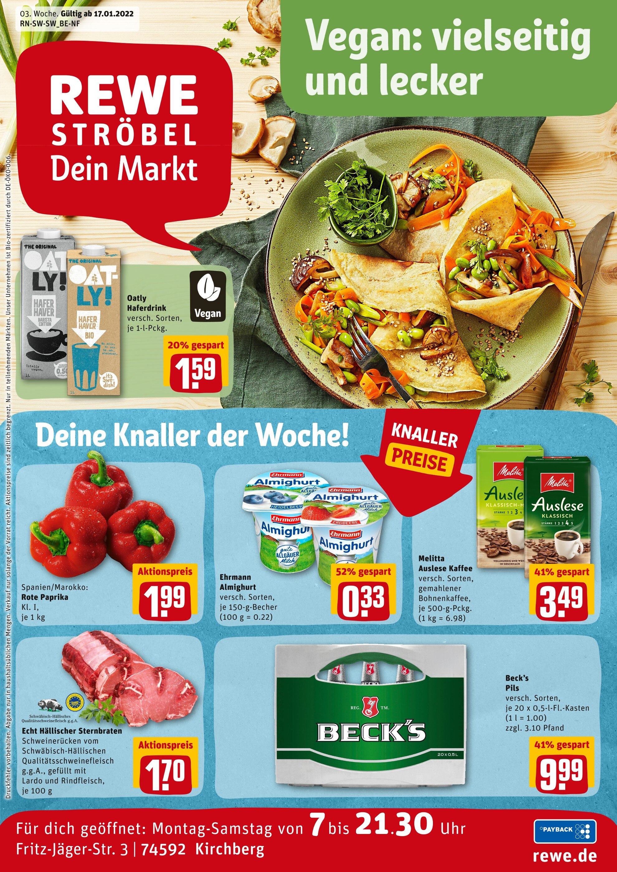REWE Prospekt für Kirchberg mit 21 Seiten REWE Prospekt für Kirchberg: "Top Angebote", 21 Seiten, 17.01.2022 - 22.01.2022